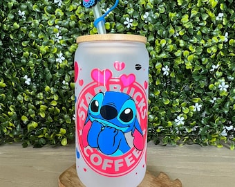 Lata de vidrio esmerilado Stitch: Vaso kawaii inspirado en Starbucks con tapa de bambú