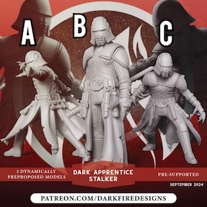 May include: Three 3D printed miniature figures of a Dark Apprentice Stalker from the Star Wars universe. The figures are in various poses and are ready to be painted.