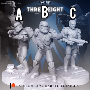 May include: Three gray plastic figures of soldiers wearing helmets and holding weapons. The figures are standing on a gray base. The text "Three B Eight" is visible in the background.
