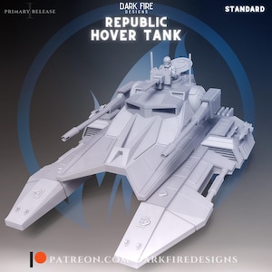 May include: A white 3D printed model of a Republic Hover Tank from the Star Wars universe. The tank has a raised gun turret with a figure in the driver's seat. The tank has a sleek, futuristic design with a low profile and a wide base.