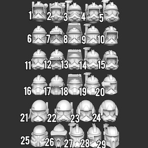 May include: A set of 29 white plastic helmet models numbered 1 through 29. The helmets are all the same design, but each has a slightly different detail.