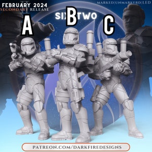 May include: Three gray plastic action figures of clone troopers from the Star Wars universe. The figures are posed in a dynamic stance, each holding a different weapon. The figures are labeled A, B, and C.
