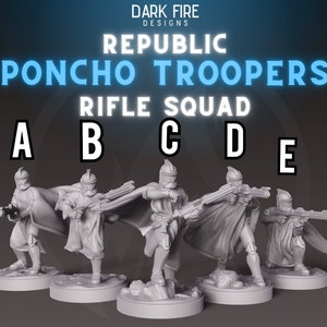May include: Five gray plastic miniature figures of Republic Poncho Troopers from the Star Wars universe, each holding a rifle and wearing a poncho. The figures are labeled A through E.
