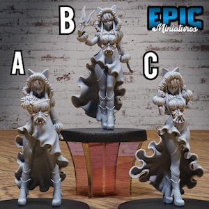 May include: Three gray miniature figurines of a female character with a fox-like hood and flowing dress. One figure holds a weapon. The figurines are labeled A, B, and C. The Epic Miniatures logo is visible in the background.