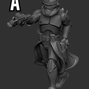 May include: A gray plastic action figure of a Star Wars clone trooper wearing a helmet and holding a blaster. The figure is standing with one leg forward and is wearing a cape.