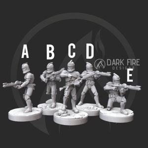 May include: Five gray plastic miniature figures of clone troopers from the Star Wars universe. Each figure is holding a blaster rifle and standing on a circular base. The figures are labeled A through E.