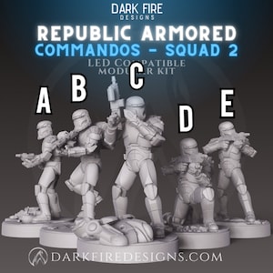 May include: Five gray plastic miniature figures of Republic Armored Commandos, part of Squad 2, in various poses. The figures are LED compatible and are part of a modular kit. The figures are standing on circular bases.