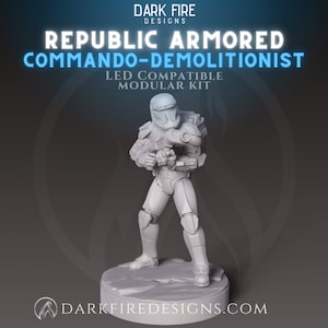 May include: A white plastic miniature figurine of a Republic Commando-Demolitionist, holding a weapon, standing on a round base. The figurine is compatible with LED lights. The text "DARK FIRE DESIGNS" is printed on the base.