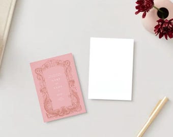 Pode incluir: Um convite de casamento rosa com uma moldura decorativa e o texto "O casamento de NAME e NAME em DATE".