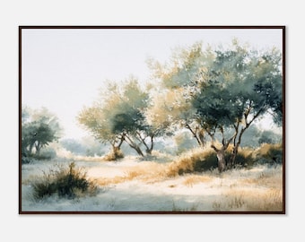 Arte de parede Japandi, impressão em aquarela de olival mediterrâneo, decoração de parede com paisagem em tons neutros de sálvia suave.