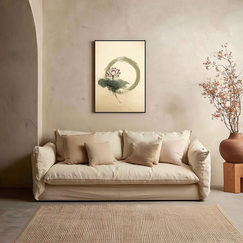 Zen Lotus Wall Art With Enso Circle – Minimalist Japanese-inspired ...