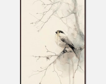 Minimalist Japandi Wall Art,  Bird Watercolor Poster Print, Neutral Japandi Scandinavian Decor