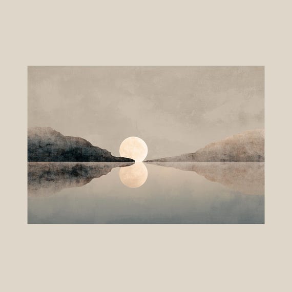 Minimalist Moon Reflection Print, Japandi Wall Art, Wabi-Sabi Lake Landscape, Neutral Boho Decor, Calm Zen Poster