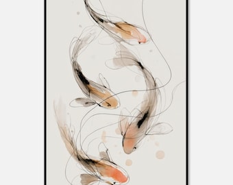 Japandi Koi Fish Wall Art – Sumi-e Ink Painting Print, Minimalist Zen Decor, Japanese Wabi-Sabi Poster, Artful Botanical Wall Prints