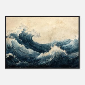 Stampa astratta di onde oceaniche giapponesi - Japandi Wall Art, poster di mare blu, opzioni disponibili con cornice e tela