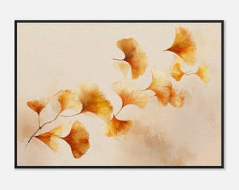 Golden Ginkgo Wall Art Print, Japandi Botanical Poster, Minimalist Wabi-Sabi Home Decor, Autumn Leaves Nature Illustration