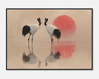 Japanese Crane Art Print, Red Sun Bird Wall Art, Asian Zen Decor