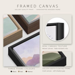 May include: A framed canvas product display featuring three frame colors: black, oak, and walnut. The image shows a gallery-depth floating frame with an inset canvas, real woven canvas texture, and fade-resistant inks with abstract art.