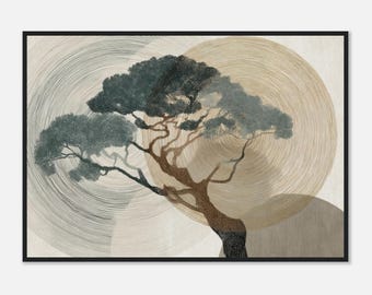 Anel de árvore abstrato, impressão de arte de parede Japandi com tema da natureza, pôster botânico minimalista, obra de arte em tons terrosos.
