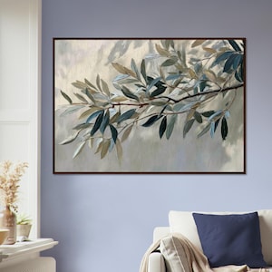 Arte emoldurada com galho de oliveira e folhas botânicas | Decoração de parede em tela fosca, inspirada na natureza, decoração para escritório, arte de parede para sala de estar, presente