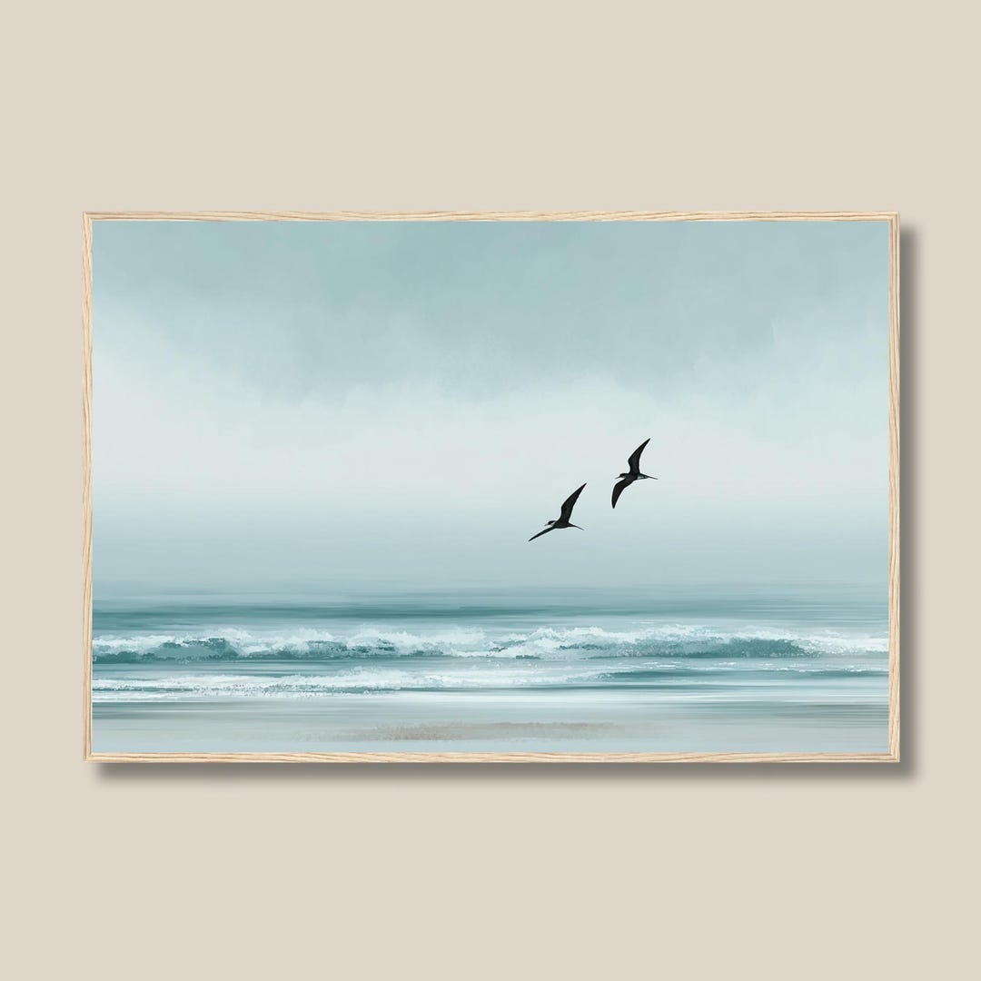Japandi Wall Art - Coastal Bird Print – Minimalist Ocean Wave Seascape ...