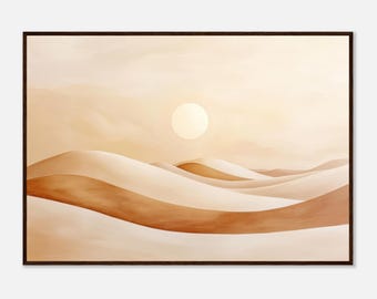 May include: A framed landscape painting depicts a desert scene with rolling sand dunes in shades of beige and brown. A large, pale yellow sun is centered in the sky. The artwork is encased in a dark brown wooden frame, creating a warm, earthy aesthetic.