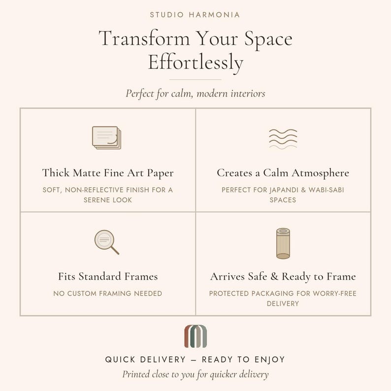 May include: An informational graphic for Studio Harmonia featuring four sections with icons and text. It highlights thick matte fine art paper, a calm atmosphere, compatibility with standard frames, and safe packaging for delivery on a light background.