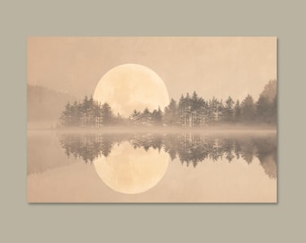 Japandi Wall Art Moon Reflection Print, Beige Pine Forest, Minimalist living room decor