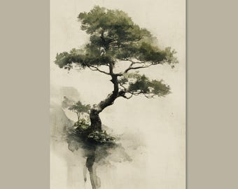 Könnte beinhalten: Aquarellmalerei eines Bonsai-Baumes mit grünen Blättern und einem gebogenen Stamm. Der Baum steht vor einem weichen, neutralen Hintergrund mit subtilen Aquarellwaschungen. Das Kunstwerk weckt ein Gefühl von Ruhe und natürlicher Schönheit.
