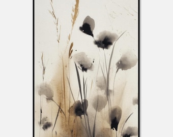 Abstrakter botanischer Tintendruck, abstrakte Kunst, neutrales beige schwarzes modernes Wohnzimmerdekor