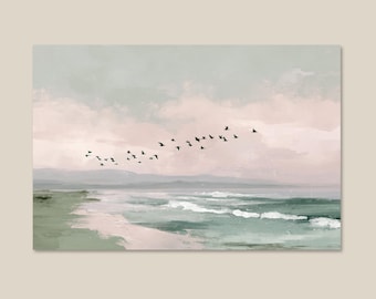 May include: An abstract landscape painting featuring a beach scene with a flock of birds in flight. The artwork uses a muted color palette of greens, pinks, and blues, with brushstrokes suggesting waves and clouds. The overall theme is nature and coastal.