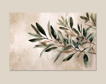 Può includere: Una stampa artistica da parete rettangolare con un'illustrazione ad acquerello di rami d'ulivo con foglie allungate verdi e marroni. Il fogliame è disposto su uno sfondo beige neutro e testurizzato con toni chiari e scuri sfumati.
