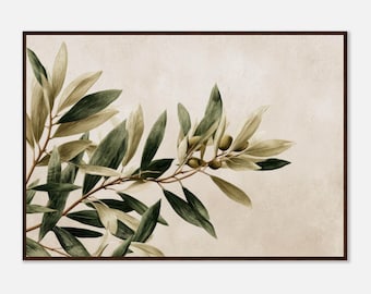 Può includere: Stampa incorniciata con un'illustrazione dettagliata di rami di ulivo con foglie verdi e color oliva e piccole olive. L'opera d'arte è ambientata su uno sfondo neutro bianco sporco e incorniciata in legno marrone scuro.