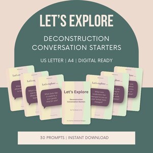 Può includere: Un set di carte Let's Explore Deconstruction Conversation Starters con sfondi ondulati color pastello e fumetti viola scuro con testo. Le carte includono spunti di conversazione, indicate come US Letter, A4 e pronte per il download digitale.