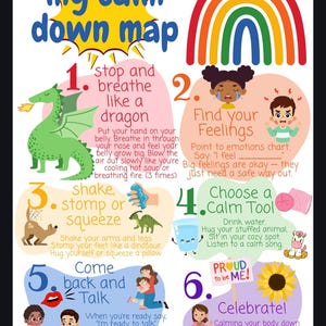 May include: A colorful "My Calm Down Map" poster with a rainbow and illustrations. The poster includes steps like "stop and breathe like a dragon" and "find your feelings." It features cartoon children and a sunflower, promoting emotional regulation.