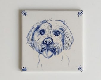 Piastrelle in ceramica personalizzate, realizzate a mano e dipinte a mano, con motivi di animali domestici, ispirate allo stile di Delft, per cucina, bagno o camino.