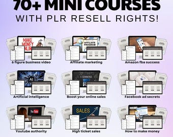 Puede incluir: Un collage de nueve imágenes que muestran diferentes cursos de negocios en línea, cada uno con un título y una pantalla de computadora portátil que muestra contenido relevante. Los títulos incluyen "6 figure business video", "Affiliate marketing", "Amazon fba success", "Artificial intelligence", "Boost your online sales", "Facebook ad secrets", "Youtube authority", "High ticket sales" y "How to make money".