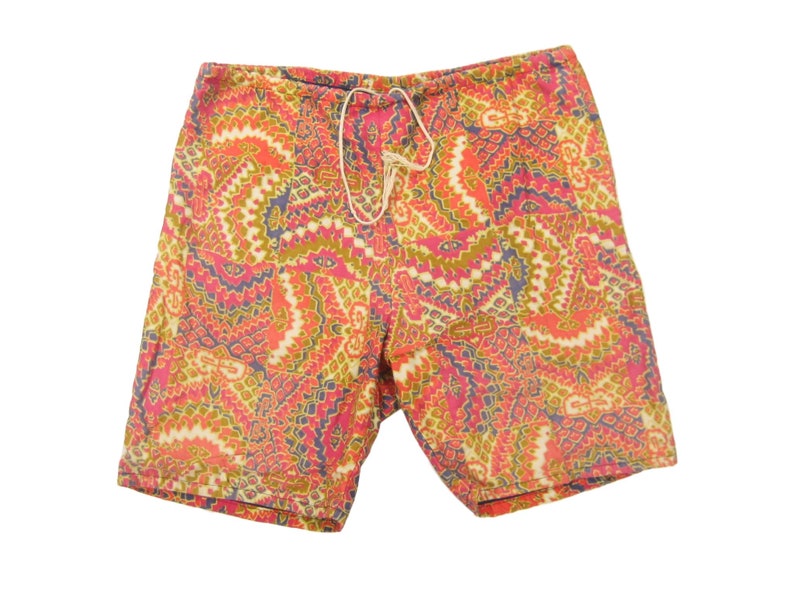 1970s Cotton Print \u201cSurf Man\u201d Trunks Vintage Retro Men\u2019s Career Man Colorful Psychedelic Batik Print Men\u2019s Board Swim Shorts MMedium 3536
