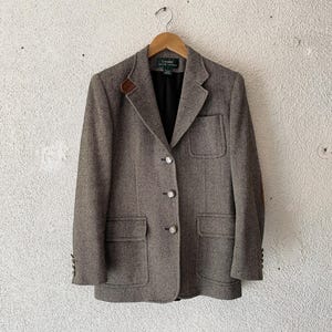 1990s Lauren By Ralph Herringbone Tweed Riding Blazer 4 Vintage Made in USA Gray Wool Equestrian Sporting Jacket Sport Coat
