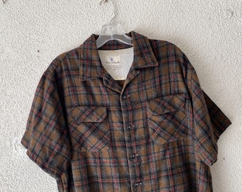 VTG Caltop Short Sleeve Shadow Plaid Flannel Blue Grey White USA