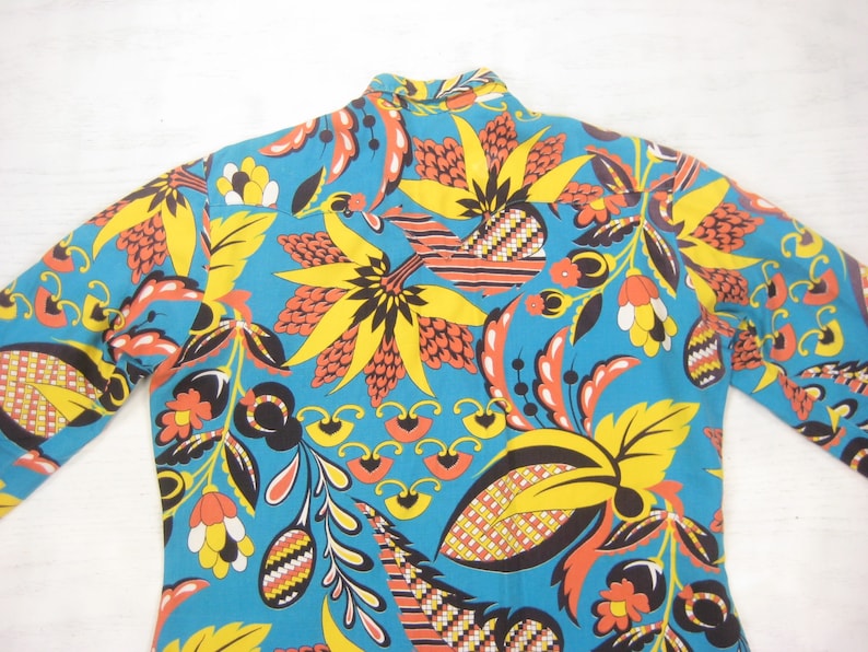 60s70s Psychedelic Print Canvas Western Shirt Vintage Retro Cotton Pearl Snap Cowboy Ranch Ranchwear Long Sleeve MMediumLLarge