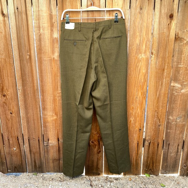 NOS 1960s Harrister Slax Vintage 60s Men’s Made in USA Olive Green Poly Rayon Slim Permanent Press Pants 30 x 30