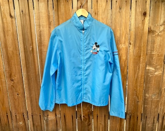1970s Mickey Mouse Windbreaker Vintage Men’s Blue Nylon Walt Disney Productions Full Zip Racing Jacket M/L