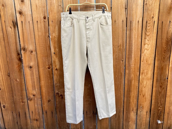 60s/70s Levis Big E Sta-Prest Slacks Vintage Made in USA Men’s Beige Cream  Slim Straight Mod Collegiate Beach Boy Pants 36/37 x 29