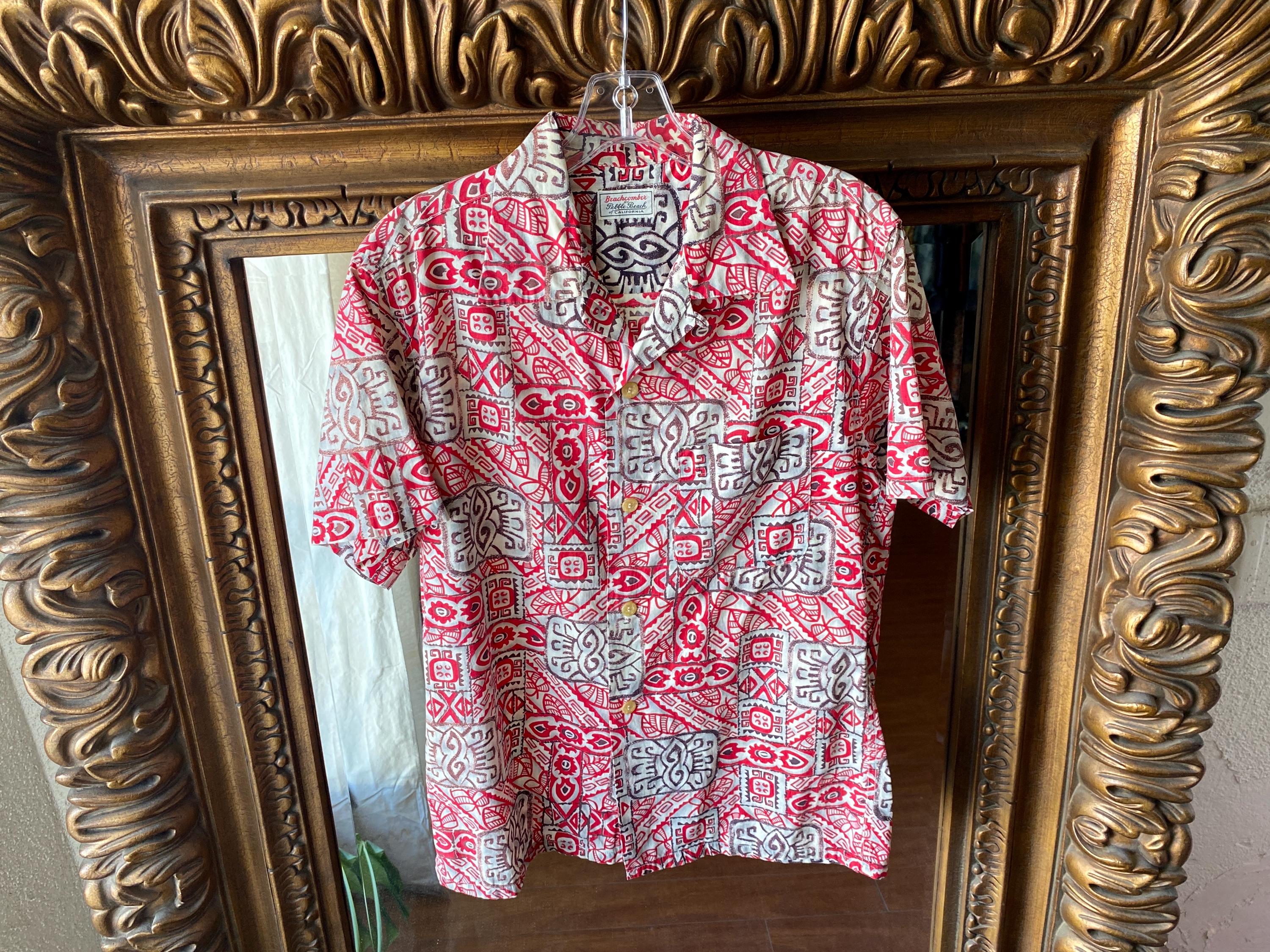 1950s Beachcomber Cotton Tiki Print Hawaiian Shirt M Pebble Beach Surf Aloha Loop Collar Vacation Button Up