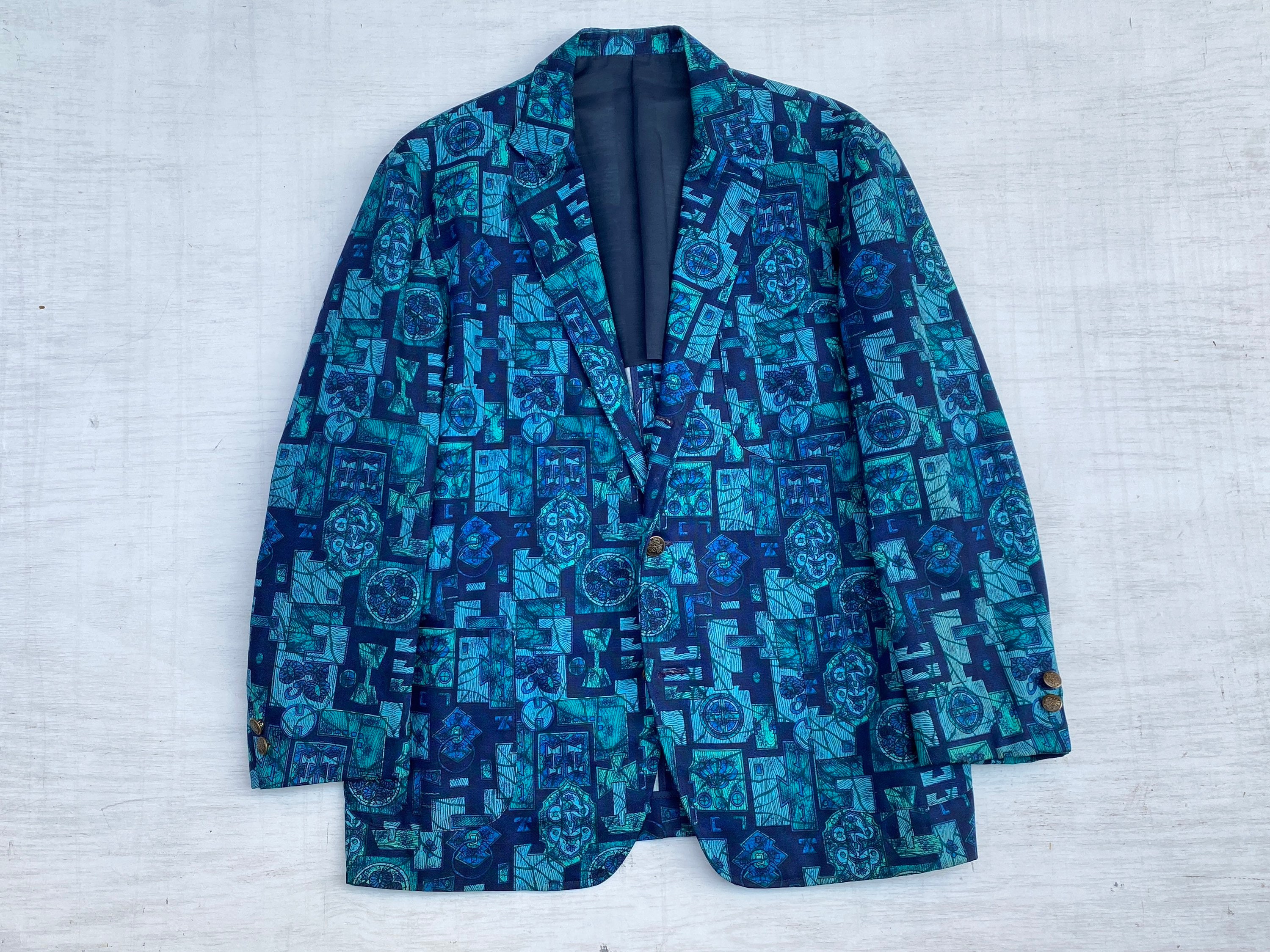 1960s Tiki Print Cotton Blazer Vintage Made in USA Mens Blue 1960s Tiki Print Cotton Blazer Vintage Made in USA Mens Blue