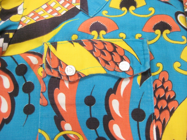 60s70s Psychedelic Print Canvas Western Shirt Vintage Retro Cotton Pearl Snap Cowboy Ranch Ranchwear Long Sleeve MMediumLLarge
