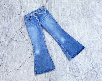 1970s Levi’s 684 Big Bells Jeans Vintage 70s Gender Neutral Made in USA Blue Indigo Orange Tab Denim Bellbottoms 29 x 28