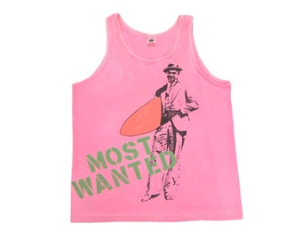 80s/90s Most Wanted Surf Tank Top Vintage Retro Men’s Hot Pink 100% Cotton Sleeveless Gangster Graphic T-Shirt Tee L/Large