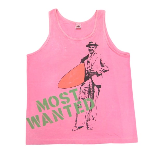 80s/90s Most Wanted Surf Tank Top Vintage Retro Men’s Hot Pink 100% Cotton Sleeveless Gangster Graphic T-Shirt Tee L/Large